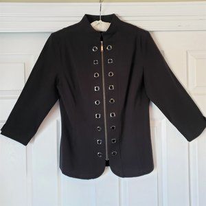 Misook Small Black Stretch Zip Front 3/4 Sleeves Jacket Grommet Detail, NWT